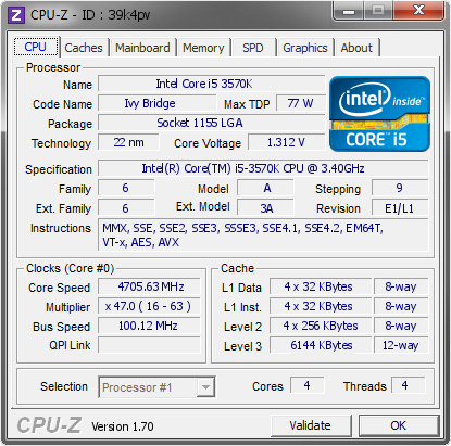 Intel Core i5 3570K @ 4705.63 MHz - CPU-Z VALIDATOR