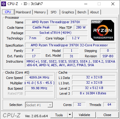 AMD Ryzen Threadripper 3970X @ 4099.04 MHz - CPU-Z VALIDATOR