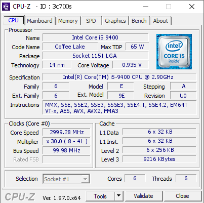 Rationeel Direct Eigenwijs Intel Core i5 9400 @ 2999.28 MHz - CPU-Z VALIDATOR