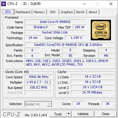camouflage Variant bijvoorbeeld Intel Core i9 9980XE @ 4300.96 MHz - CPU-Z VALIDATOR