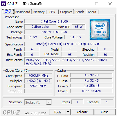 Core i3-9100T×22個、8100×26個 CPU 計48個セット Intel Core i3 9100 @ 4003.84 MHz - CPU-Z VALIDATOR