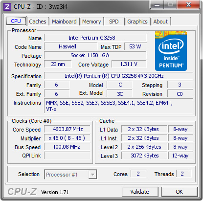 screenshot of CPU-Z validation for Dump [3wa3i4] - Submitted by  Fouquin  - 2015-01-15 09:01:00