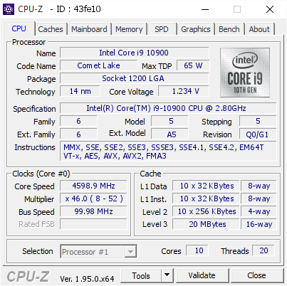 Intel Core i9 10900 @ 4598.9 MHz - CPU-Z VALIDATOR