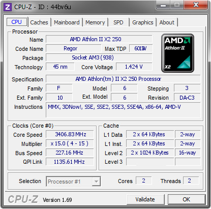 AMD Athlon II X2 250 3406.83 MHz CPU Z VALIDATOR