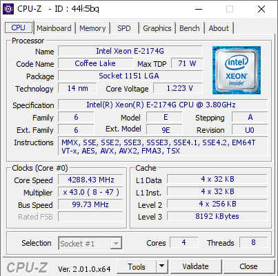 Intel Xeon E-2174G @ 4288.43 MHz - CPU-Z VALIDATOR