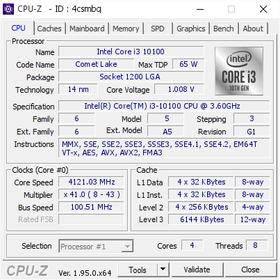 screenshot of CPU-Z validation for Dump [4csmbq] - Submitted by  yee245  - 2021-01-24 04:46:58