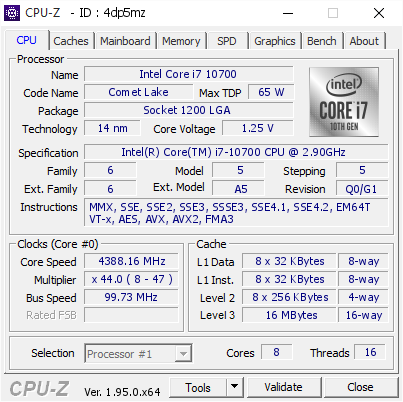 Intel Core I7 10700 4388 16 Mhz Cpu Z Validator