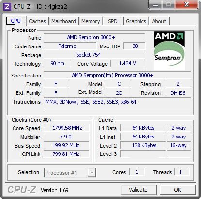 Hip dye to see AMD Sempron 3000+ @ 1799.58 MHz - CPU-Z VALIDATOR