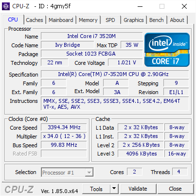 Intel Core i7 3520M @ 3394.34 MHz - CPU-Z VALIDATOR
