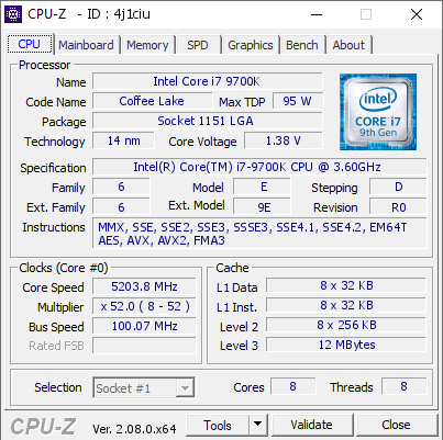 Intel Core i7 9700K @ 5203.8 MHz - CPU-Z VALIDATOR