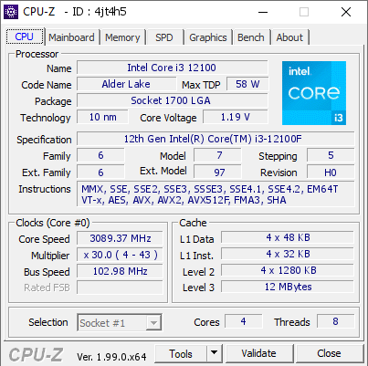 screenshot of CPU-Z validation for Dump [4jt4h5] - Submitted by  kikoone31  - 2022-03-05 17:44:34