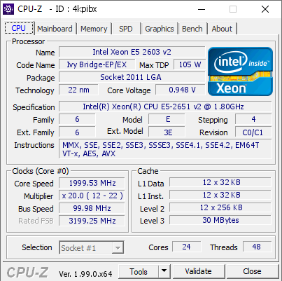 Intel Xeon E5 2603 v2 @ 1999.53 MHz - CPU-Z VALIDATOR