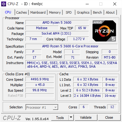 AMD Ryzen 5 3600 4490.9 MHz CPU Z VALIDATOR