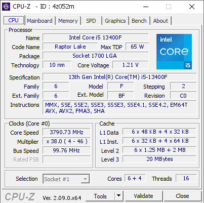 Intel Core i5 13400F @ 3790.73 MHz - CPU-Z VALIDATOR