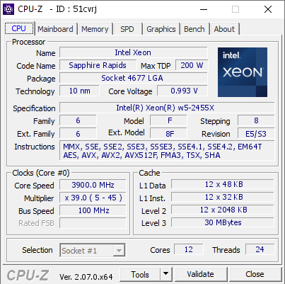 Intel Xeon @ 3900 MHz - CPU-Z VALIDATOR