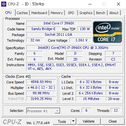 Intel Core i7 3960X @ 4598.93 MHz - CPU-Z VALIDATOR