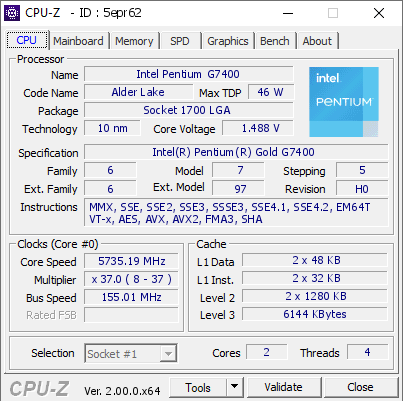 screenshot of CPU-Z validation for Dump [5epr62] - Submitted by  Noliso  - 2022-06-30 23:00:41