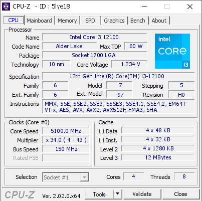 Intel Core i3 12100 @ 5100 MHz - CPU-Z VALIDATOR