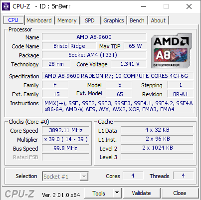 AMD A8 9600 3892.11 MHz CPU Z VALIDATOR