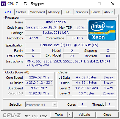 screenshot of CPU-Z validation for Dump [5ngqpw] - Submitted by  Intel Xeon E5-24xx 2,3GHz 4C/4T QAG1  - 2019-10-19 17:37:30