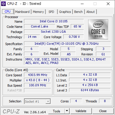 Intel Core i3 10105 @ 4303.99 MHz - CPU-Z VALIDATOR