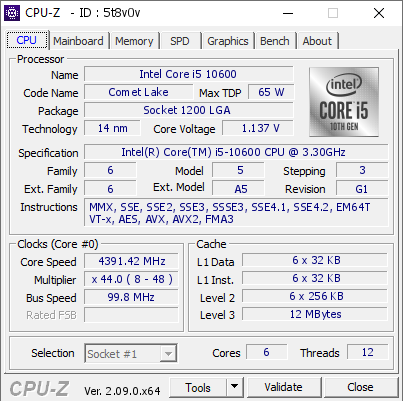 Intel Core i5 10600 @ 4391.42 MHz - CPU-Z VALIDATOR