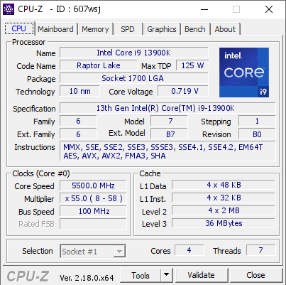 screenshot of CPU-Z validation for Dump [607wsj] - Submitted by  EVRO  - 2026-02-20 16:14:27