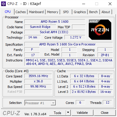 screenshot of CPU-Z validation for Dump [63agvf] - Submitted by  Ryzen 1600 @ 3.6 Ghz 2933Mhz  - 2017-04-14 21:19:36