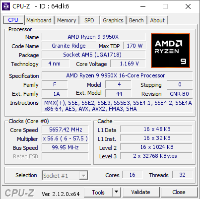 screenshot of CPU-Z validation for Dump [64dlk6] - Submitted by  RYZEN7800X3D  - 2025-03-10 06:59:52