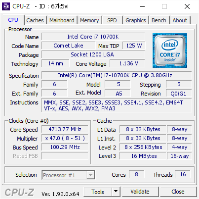 screenshot of CPU-Z validation for Dump [67k5vi] - Submitted by  DESKTOP-V8LRLV1  - 2020-06-20 18:59:20