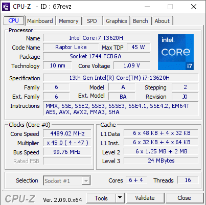 screenshot of CPU-Z validation for Dump [67revz] - Submitted by  MSI  - 2024-04-23 19:59:49