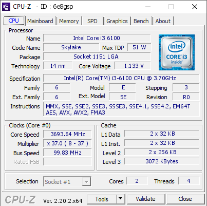 screenshot of CPU-Z validation for Dump [6e8gsp] - Submitted by  FADAGEO  - 2026-08-08 21:26:03