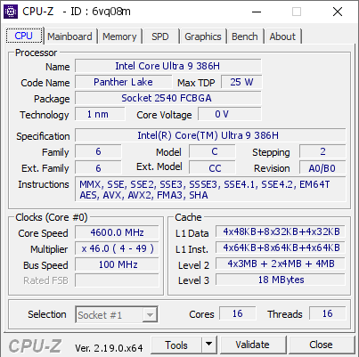 screenshot of CPU-Z validation for Dump [6vq08m] - Submitted by  Anonymous  - 2026-04-23 14:07:20