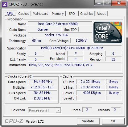 intel core 2 extreme x6800 3414.89 mhz