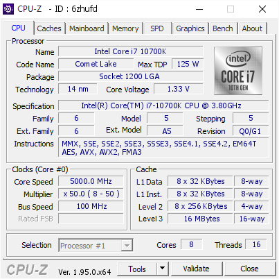Intel Core i7 10700K @ 5000 MHz - CPU-Z VALIDATOR