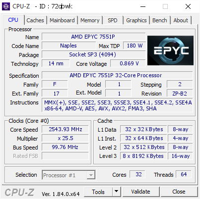 AMD EPYC 7551P @ 2543.93 MHz - CPU-Z VALIDATOR