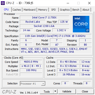 screenshot of CPU-Z validation for Dump [736kj5] - Submitted by  sgtAssault  - 2021-06-18 20:10:22