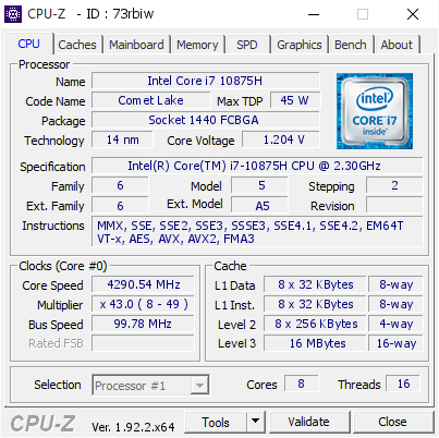 Intel Core I7 10875h 4290 54 Mhz Cpu Z Validator