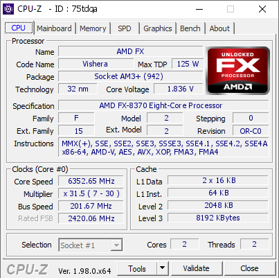 screenshot of CPU-Z validation for Dump [75tdqa] - Submitted by  rady  - 2021-11-15 16:05:18