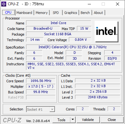 Intel Core @ 1696.56 MHz - CPU-Z VALIDATOR