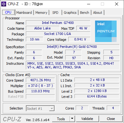 Intel Pentium G7400 @ 4071.26 MHz - CPU-Z VALIDATOR