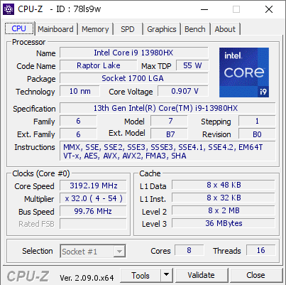 Intel Core i9 13980HX @ 3192.19 MHz - CPU-Z VALIDATOR