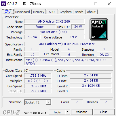 screenshot of CPU-Z validation for Dump [78ppbv] - Submitted by  M4A88T-V EVO - Athlon II X2 260u  - 2022-03-26 18:59:17