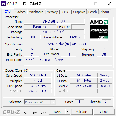 screenshot of CPU-Z validation for Dump [7dexh5] - Submitted by  AMD XP 1800  - 2022-07-17 16:47:07