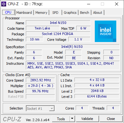 screenshot of CPU-Z validation for Dump [7fcsgc] - Submitted by  Anonymous  - 2026-06-28 23:29:59