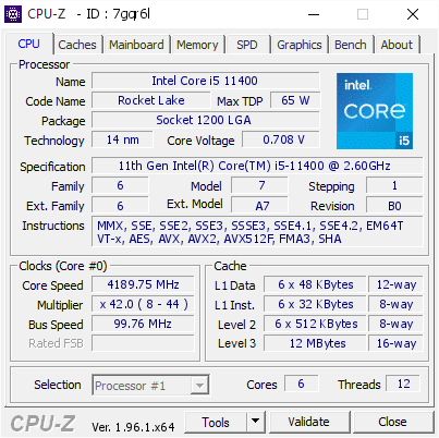 Intel Core i5 11400 @ 4189.75 MHz - CPU-Z VALIDATOR