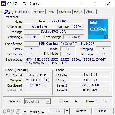 screenshot of CPU-Z validation for Dump [7ixnsv] - Submitted by  ILYA  - 2024-04-19 09:13:37