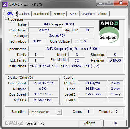 AMD Sempron 3100 2783.45 MHz CPU Z VALIDATOR