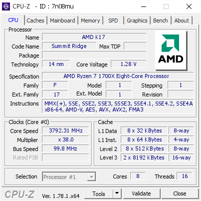 screenshot of CPU-Z validation for Dump [7n08mu] - Submitted by  RYZEN  - 2017-03-19 16:04:09