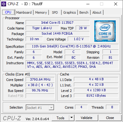 Intel Core i5 1135G7 @ 3790.64 MHz - CPU-Z VALIDATOR